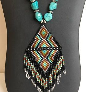 Handmade beadweaving pendant with turquoise magnesite  stones boho necklace